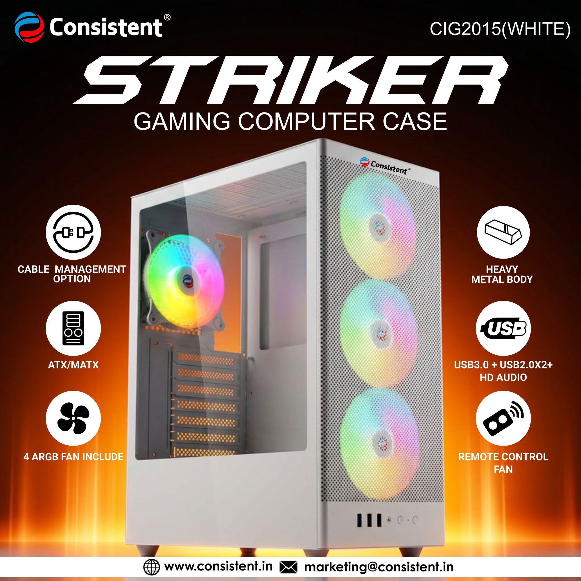 White Everest Striker Gaming Computer Case with sleek design and ventilation, ideal for high-performance gaming builds.