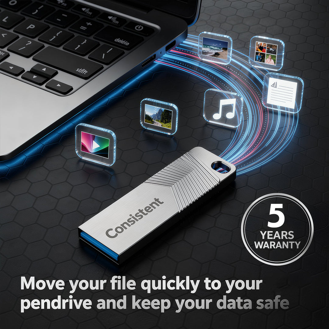 Consistent 3.2 Tejas USB pen drive 32GB with silver casing and compact design for portable data storage.