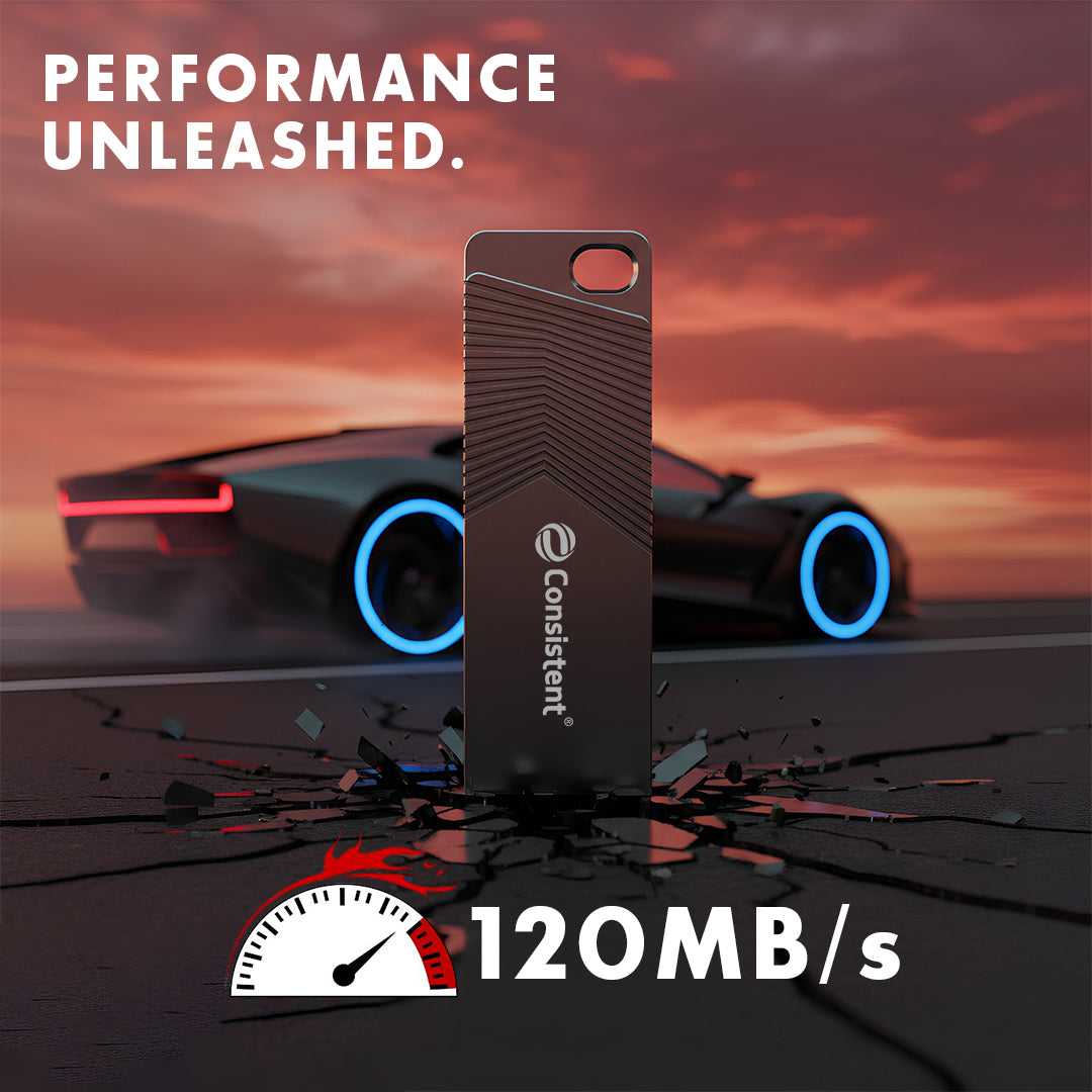 Consistent 3.2 Tejas USB pen drive 32GB with black and silver design, compact and portable storage device.
