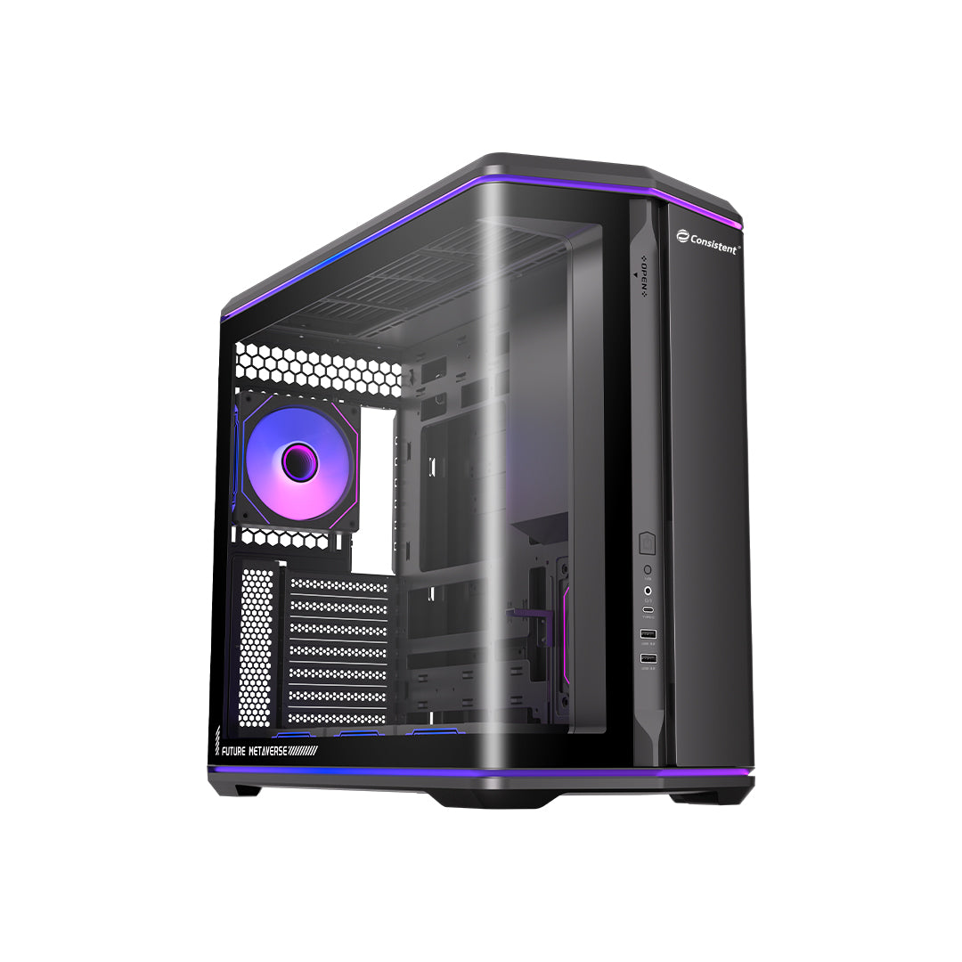 Everest Store TITTAN Mid-Tower Gaming Cabinet in black with tempered glass side panel and sleek design.