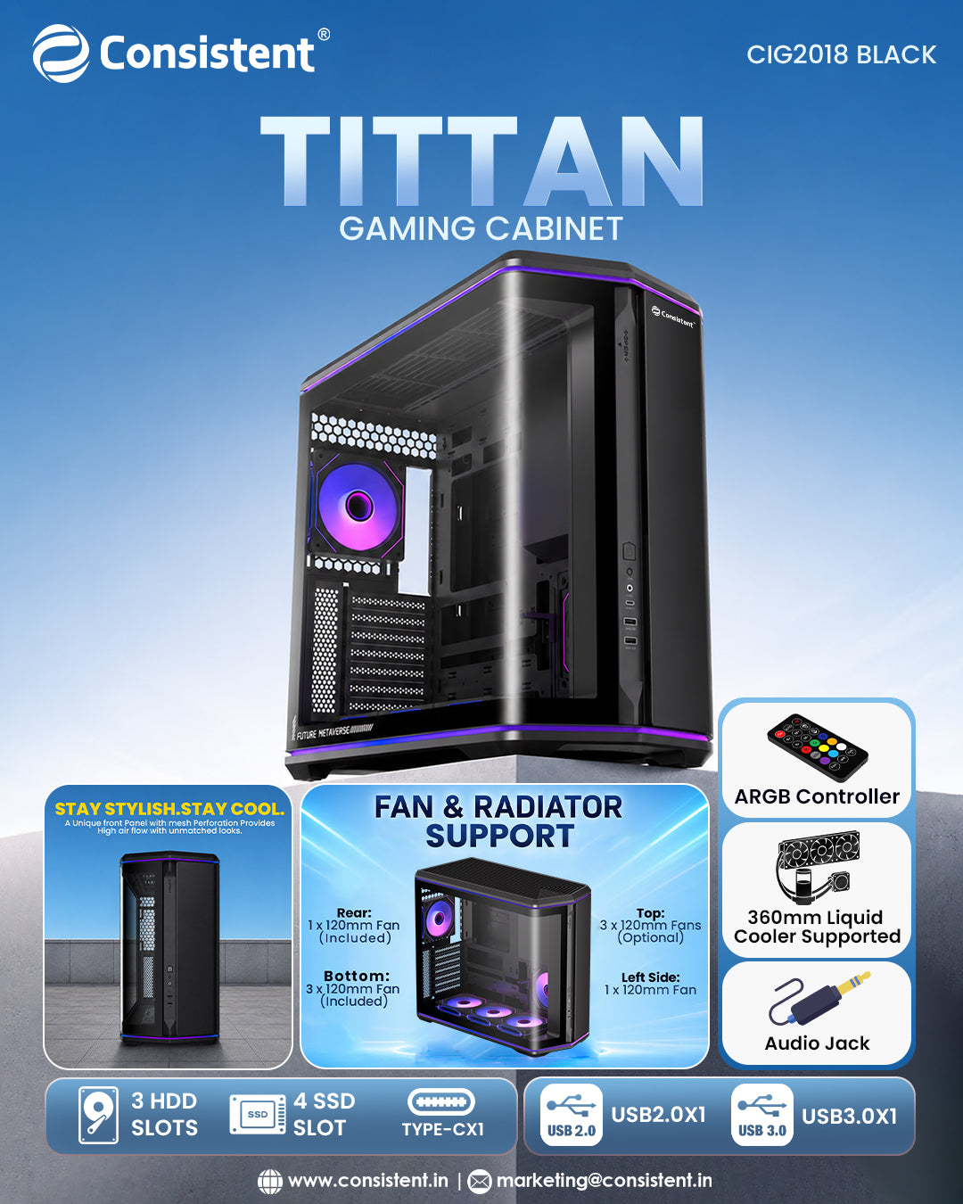 Black TITTAN Mid-Tower Gaming Cabinet with tempered glass side panel, featuring sleek design and ample space for gaming components.