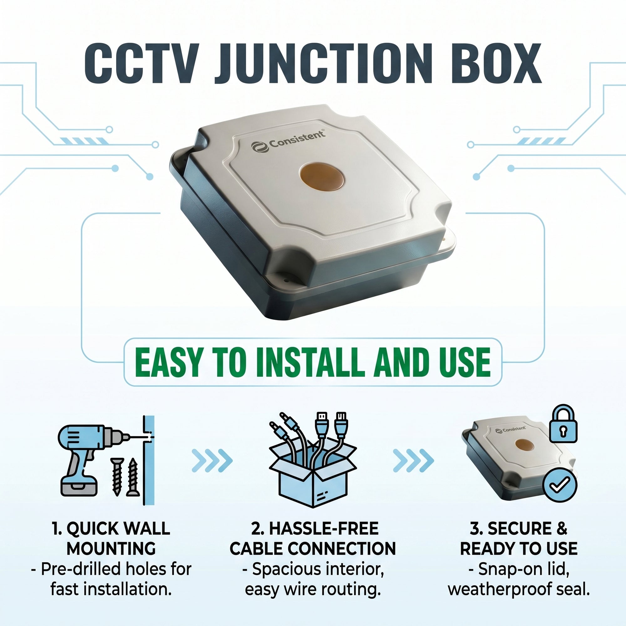 CCTV junction box 5x5 by Everest Store, weatherproof plastic enclosure for securing CCTV camera connections and wiring.