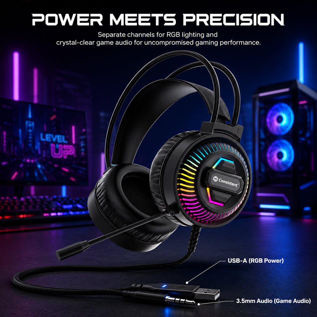 Consistent Wave Wired Gaming Headphone with RGB Lighting, Omnidirectional Mic, USB + 1.8m Cable | CT-GH-RO40