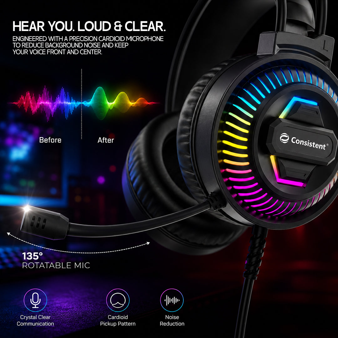 Consistent Wave Wired Gaming Headphone with RGB Lighting, Omnidirectional Mic, USB + 1.8m Cable | CT-GH-RO40