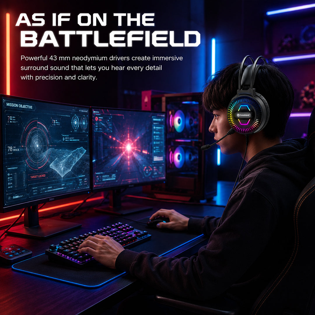 Consistent Wave Wired Gaming Headphone with RGB Lighting, Omnidirectional Mic, USB + 1.8m Cable | CT-GH-RO40