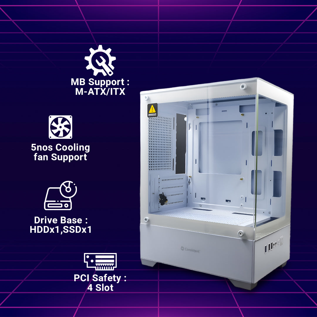 White Consistent PC Case CIP501 Nebula for Micro-ATX and Mini-ITX builds, featuring sleek design and ample airflow.