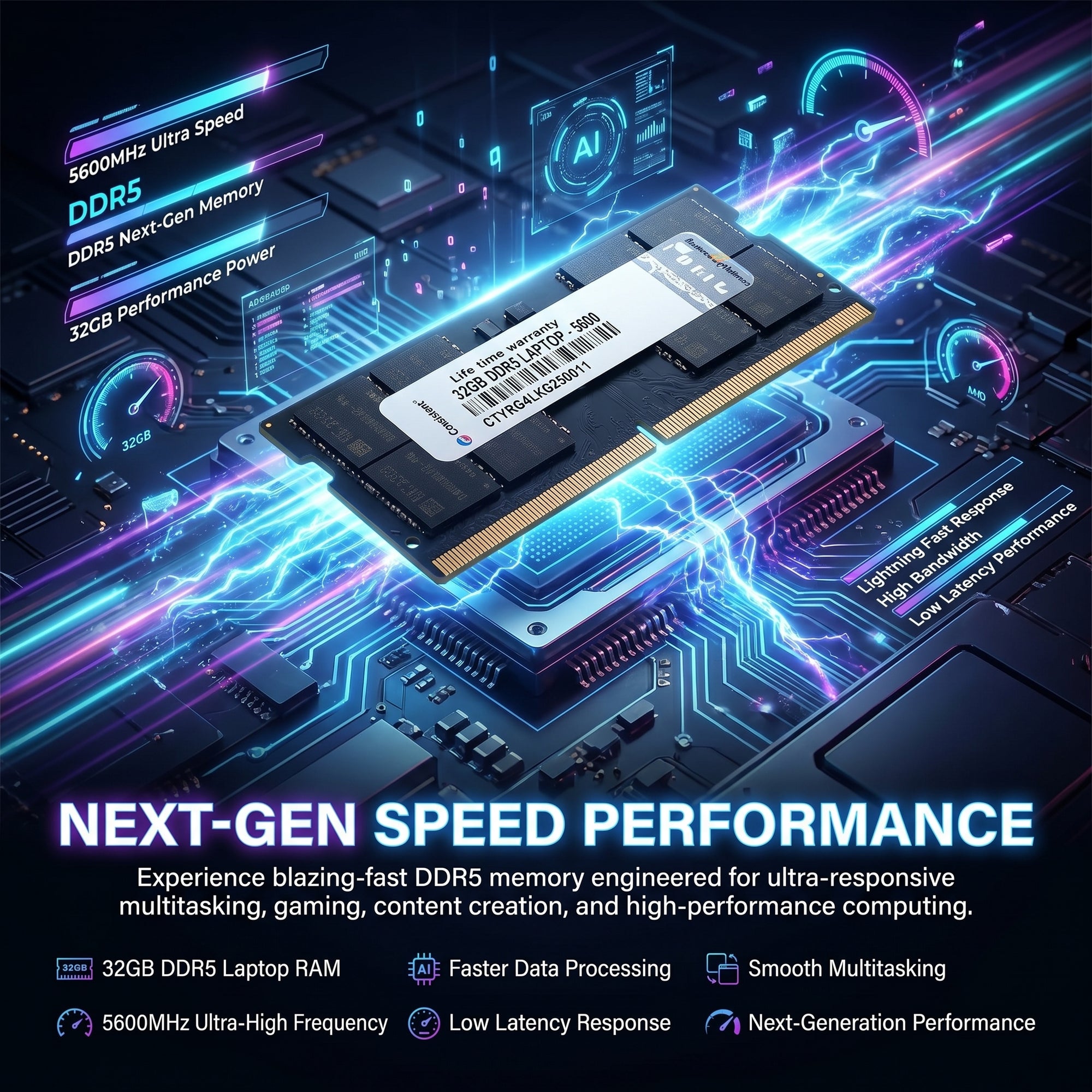 Consistent Yeti 32GB DDR5 laptop RAM at 5600MHz, showing modules installed in a laptop for improved performance and power efficiency.